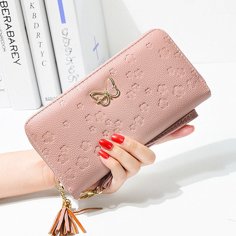 Kvinnor Faux Leather Butterfly Ihålig Plånbok 5.5 Tums Telefonväska Korthållare