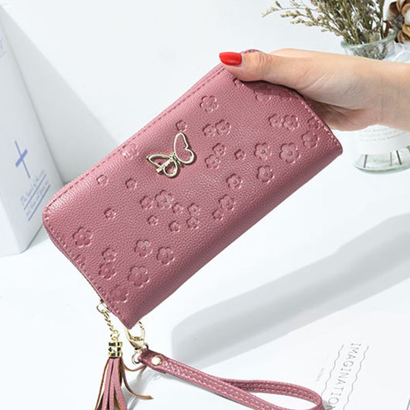 Kvinnor Faux Leather Butterfly Ihålig Plånbok 5.5 Tums Telefonväska Korthållare