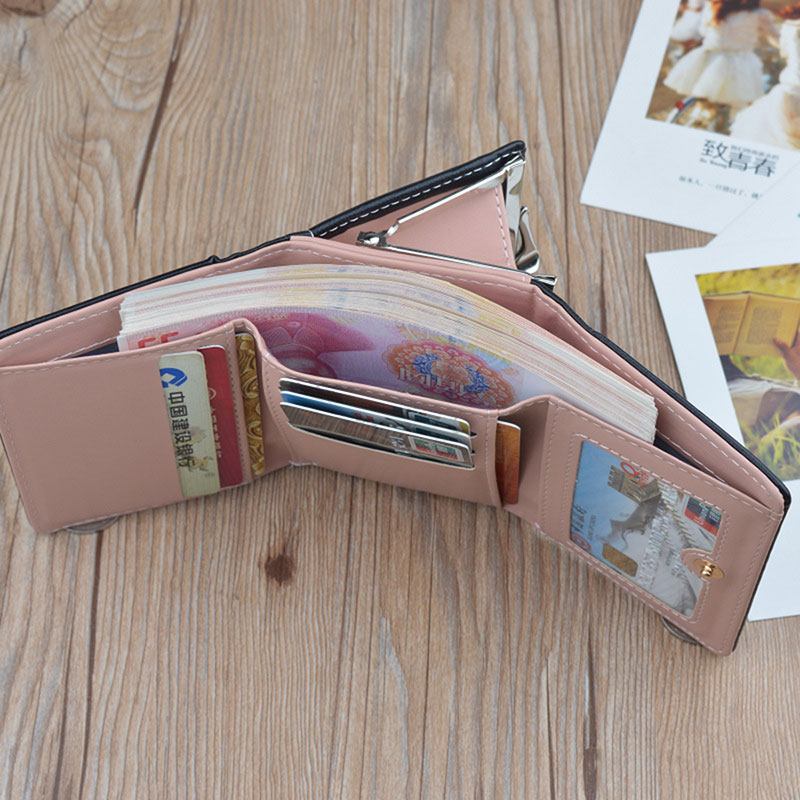 Kvinnor Pu Läder Blommig Clutch Kort Solid Spänne Damplånbok Mini Bärbar Kreditkortsväska