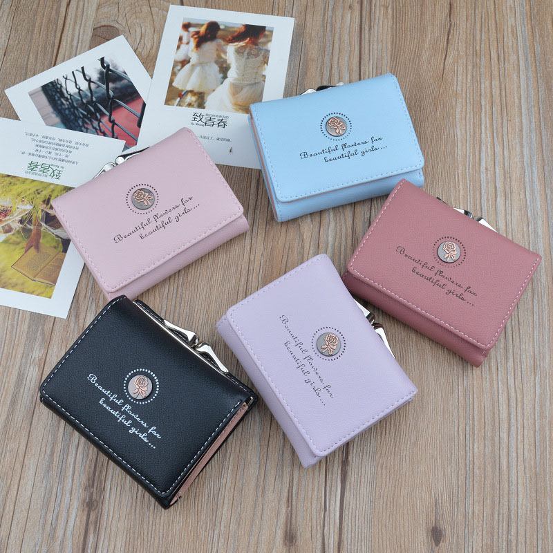 Kvinnor Pu Läder Blommig Clutch Kort Solid Spänne Damplånbok Mini Bärbar Kreditkortsväska