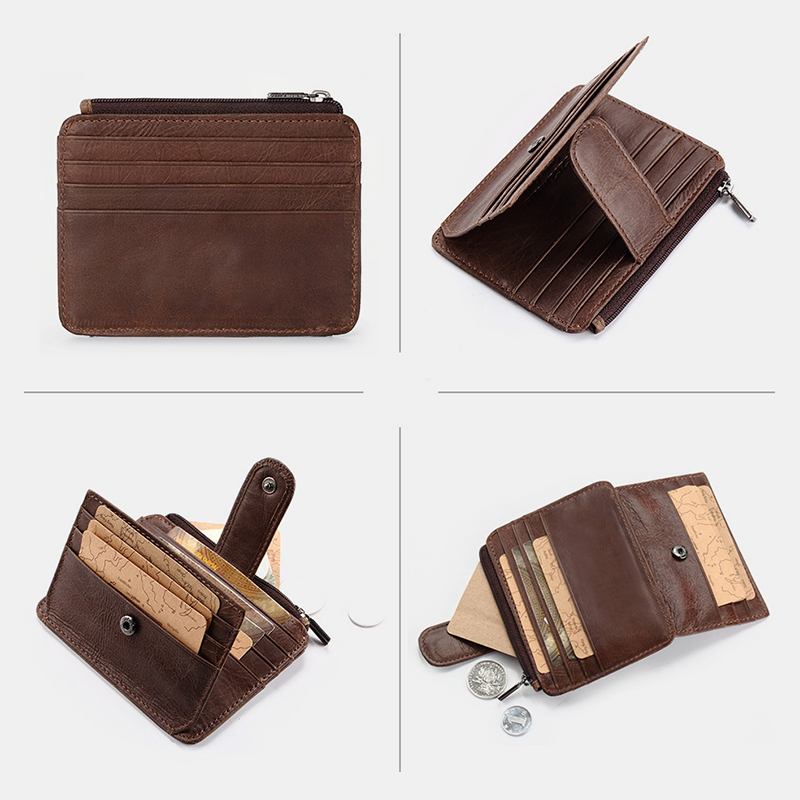 Män Äkta Läder 11 Kortplats Korthållare Mini Blixtlås Myntväska Clutch Plånböcker