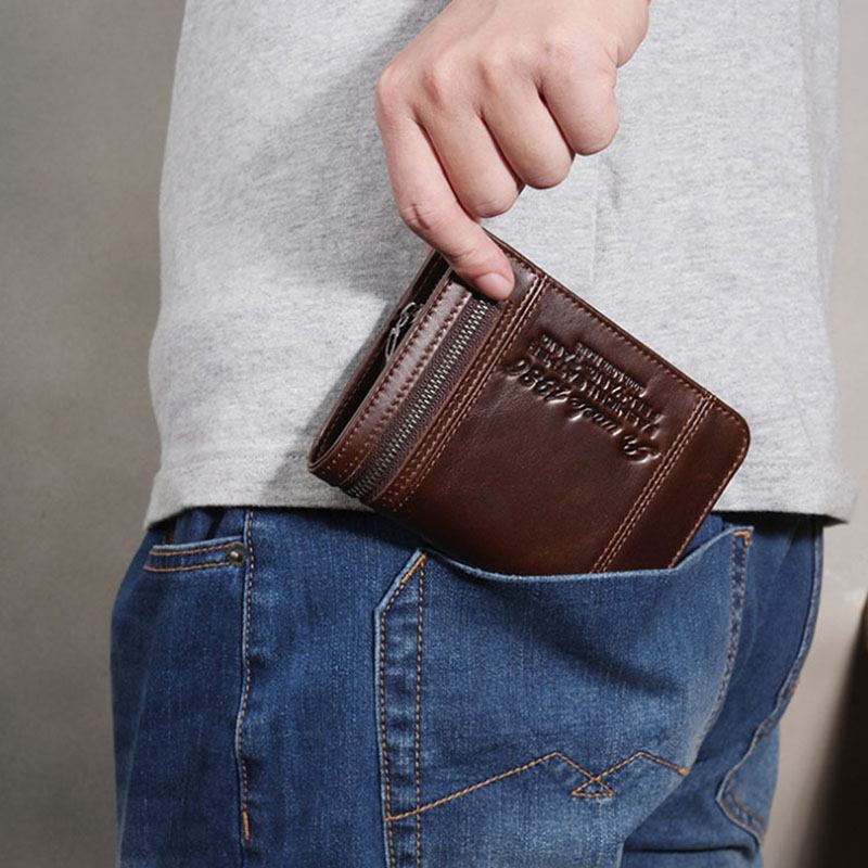 Män Äkta Läder Blockering 20 Kortplatser Bifold Plånbok Handväska Blixtlås Myntväska