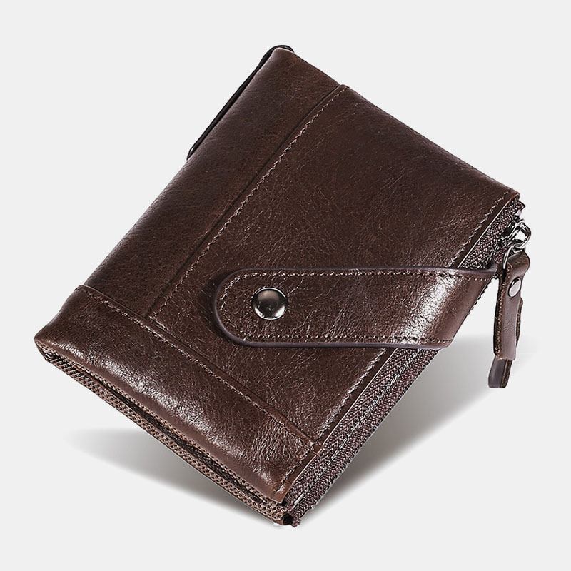 Män Äkta Läder Blockering Vintage Dubbel Blixtlås Kort Hållare Plånbok