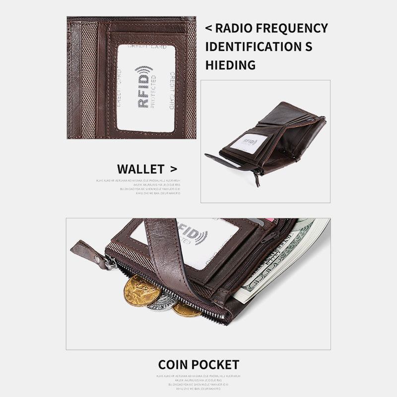 Män Äkta Läder Blockering Vintage Dubbel Blixtlås Kort Hållare Plånbok