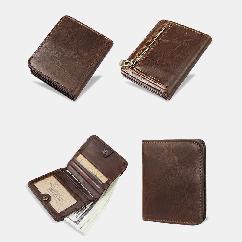 Män Äkta Läder Flerkortsfack Retro Casual Korta Id-plånböcker Kortfodral Pengar Klipp Myntväska Plånbok