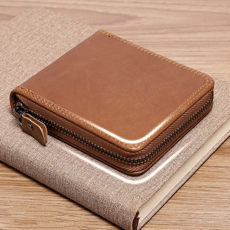 Män Äkta Läder Kedja Blockering Stöldskyddsdragkedja Multi-slot Card Holder Plånbok