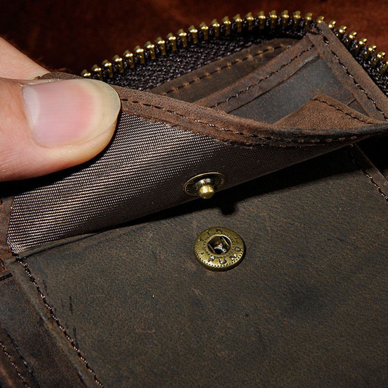 Män Äkta Läder Kohud Retro Klassisk Bifold Zipper Card Holder Plånbok