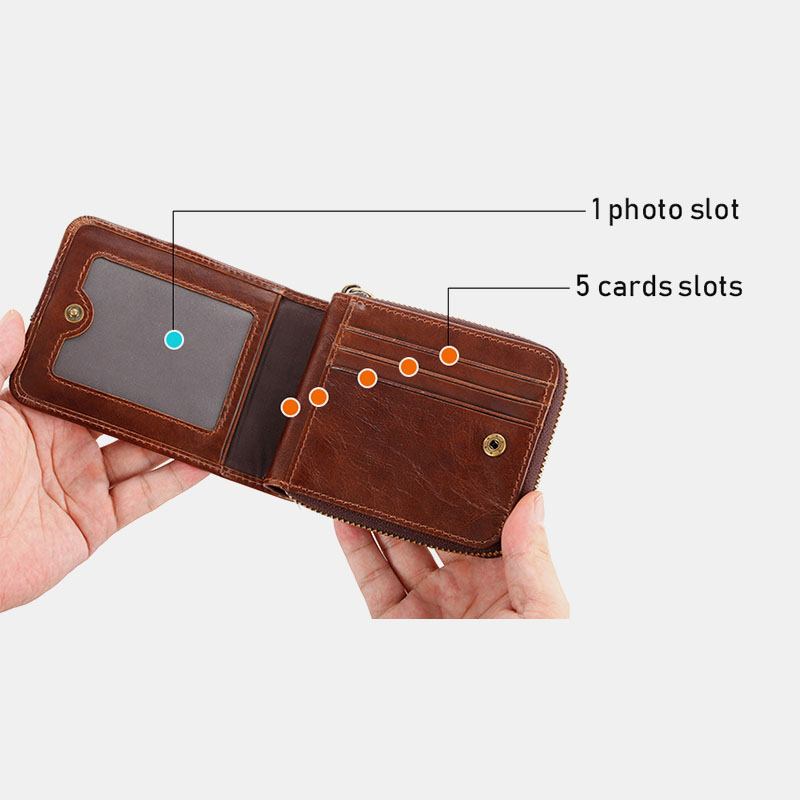 Män Äkta Läder Multifunktion Stöldskydd Dra Kort Myntväska Blockering Bifold Dragkedja Haspplånböcker Multi-card Slot Korthållare