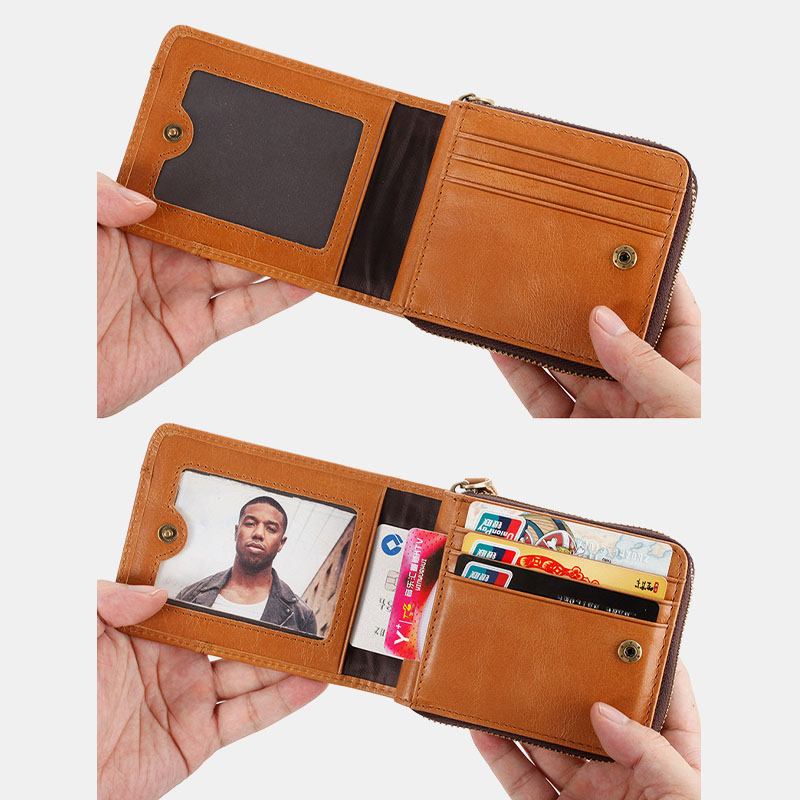 Män Äkta Läder Multifunktion Stöldskydd Dra Kort Myntväska Blockering Bifold Dragkedja Haspplånböcker Multi-card Slot Korthållare