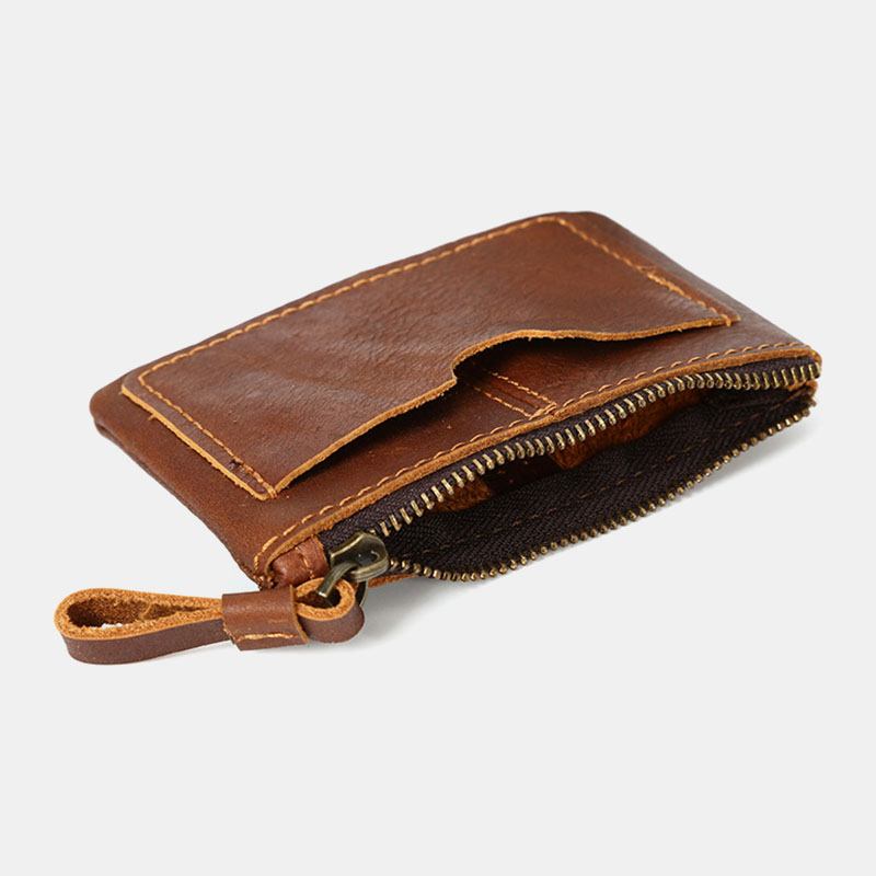 Män Äkta Läder Retro Mini Myntväska Kort Dragkedja Plånbok Clutch Plånböcker Kortfodral