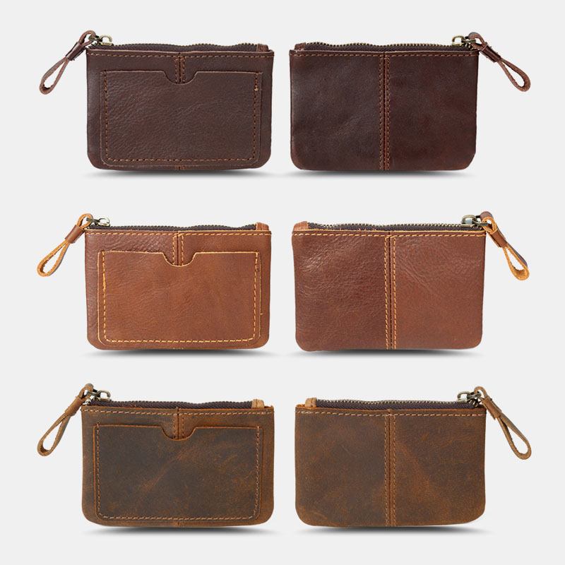 Män Äkta Läder Retro Mini Myntväska Kort Dragkedja Plånbok Clutch Plånböcker Kortfodral