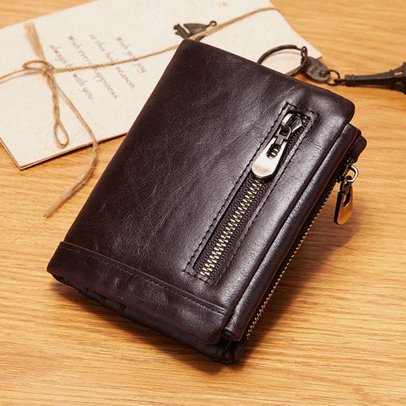 Män Äkta Läder Stöldskyddsdragkedja Multi-slot Card Holder Plånbok