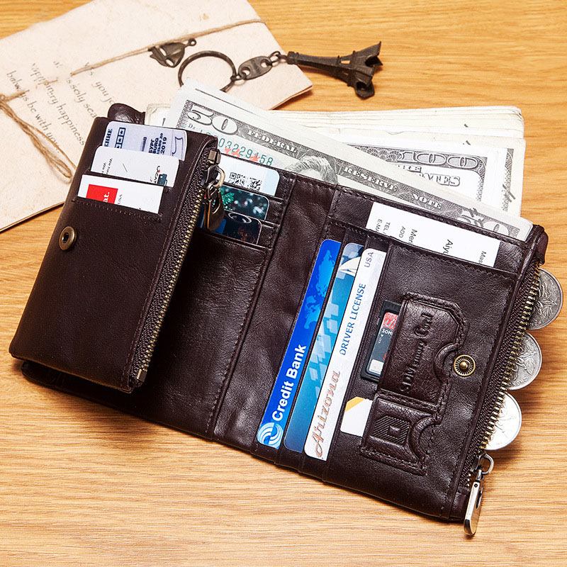 Män Äkta Läder Stöldskyddsdragkedja Multi-slot Card Holder Plånbok