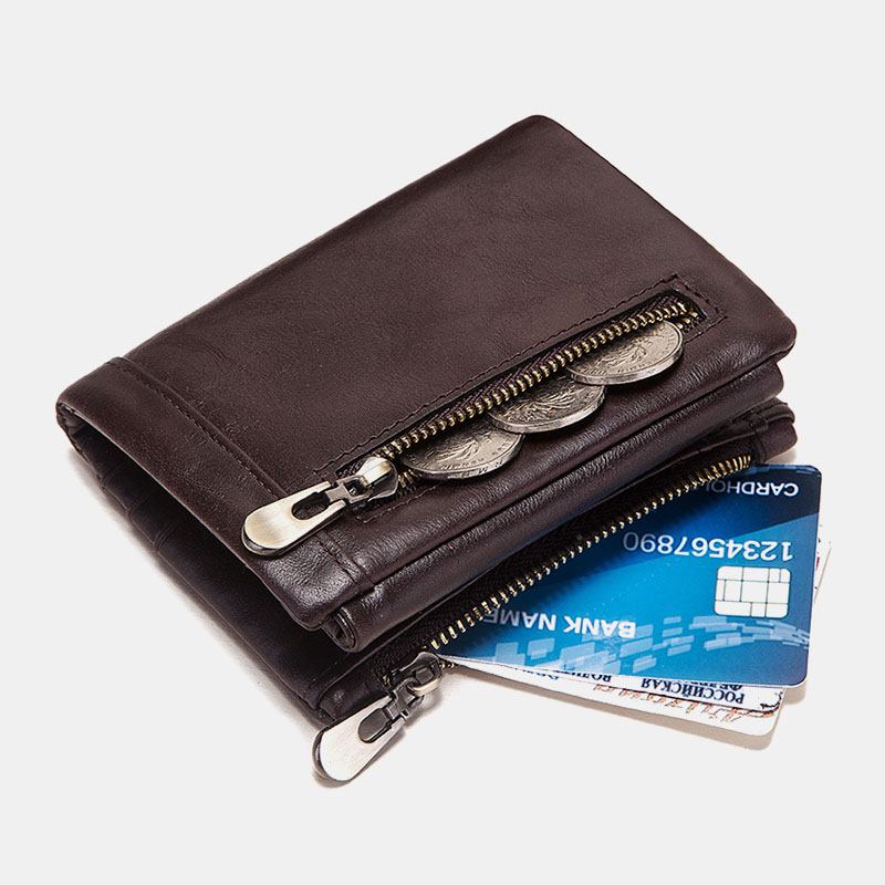 Män Äkta Läder Stöldskyddsdragkedja Multi-slot Card Holder Plånbok