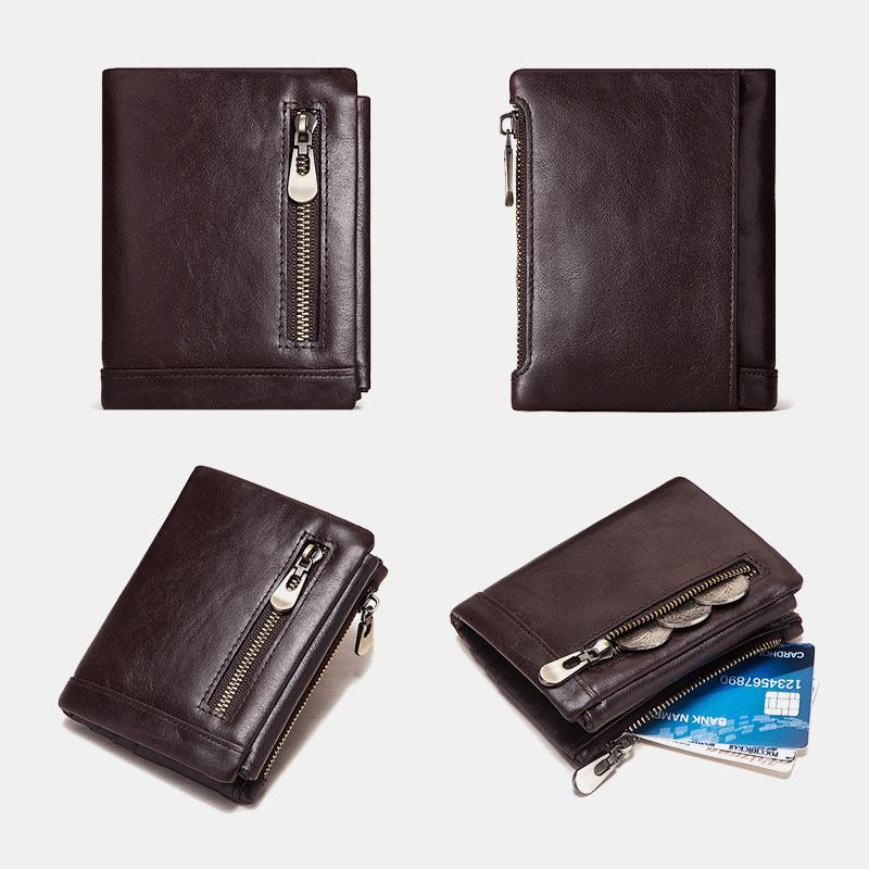 Män Äkta Läder Stöldskyddsdragkedja Multi-slot Card Holder Plånbok