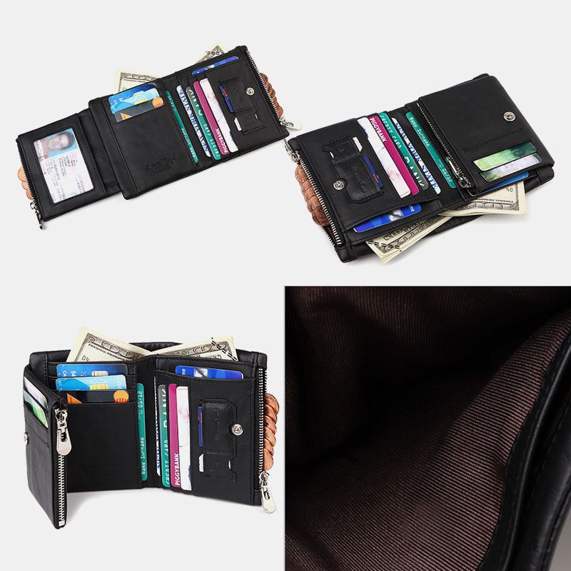 Män Äkta Läder Stöldskyddsdragkedja Multi-slot Card Holder Plånbok