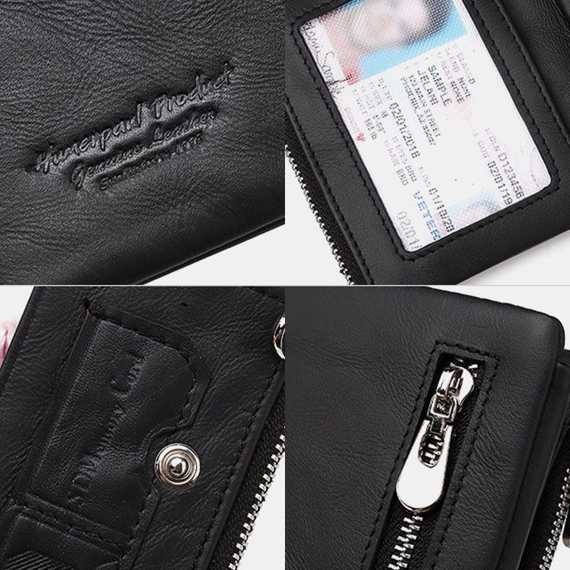 Män Äkta Läder Stöldskyddsdragkedja Multi-slot Card Holder Plånbok