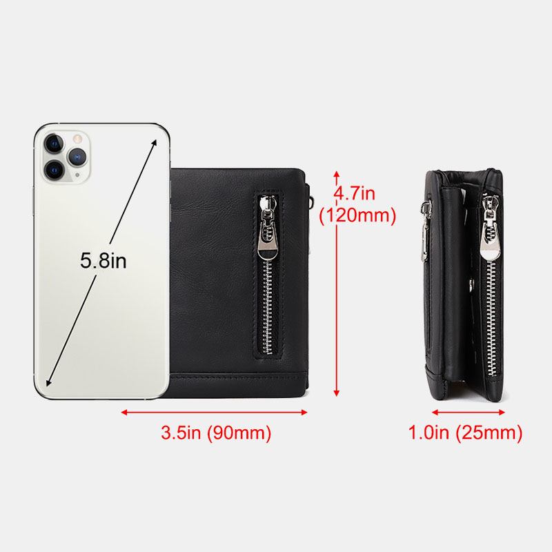 Män Äkta Läder Stöldskyddsdragkedja Multi-slot Card Holder Plånbok