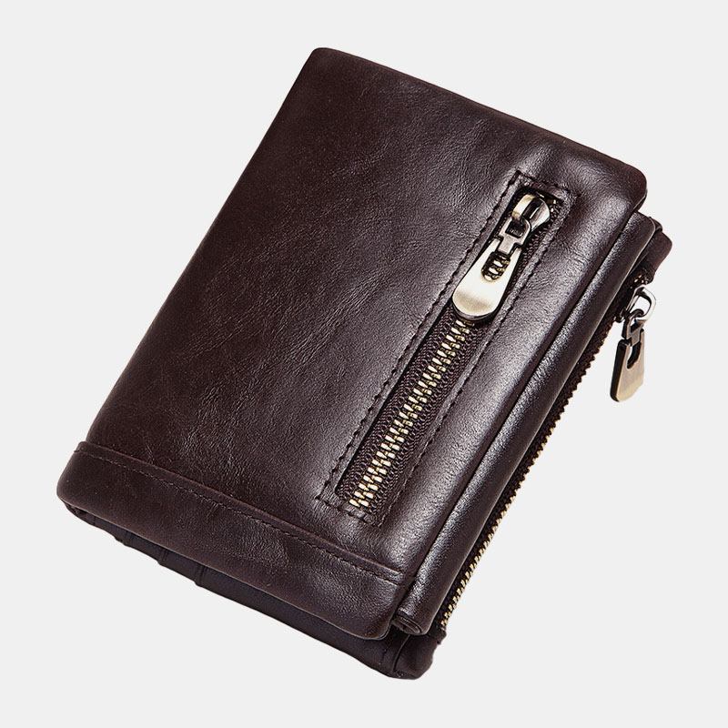 Män Äkta Läder Stöldskyddsdragkedja Multi-slot Card Holder Plånbok