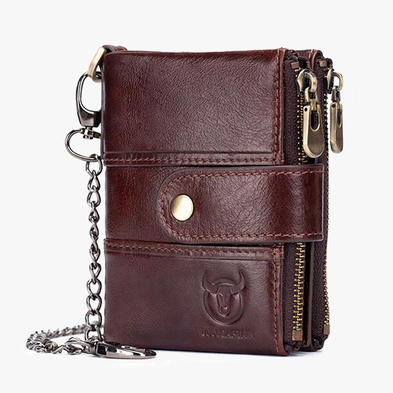 Män Äkta Läder Vintage Blocking Vikbar Anti-theft Chain Walllet Card Holder