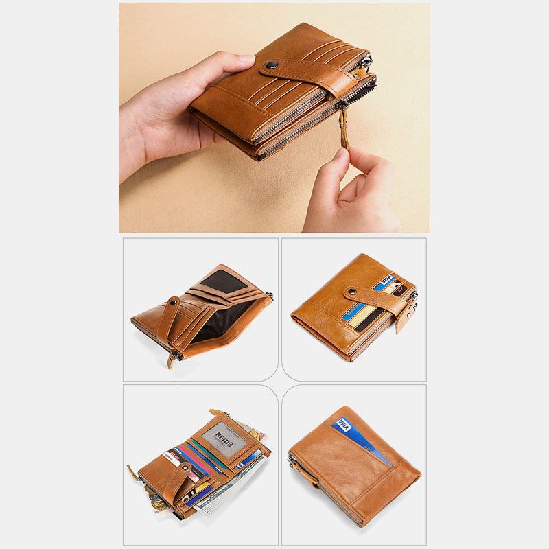 Män Äkta Läder Vintage Blocking Zipper Coin Wallet