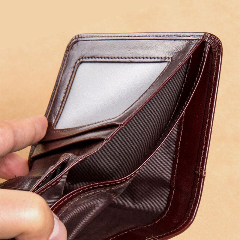 Män Blockerar Säker Plånbok Mode Vintage Plånböcker Äkta Läder Tri-fold Plånbok Kort Plånbok