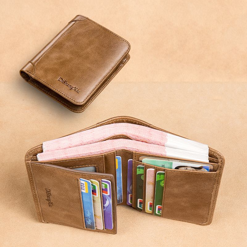 Män Blockerar Säker Plånbok Mode Vintage Plånböcker Äkta Läder Tri-fold Plånbok Kort Plånbok