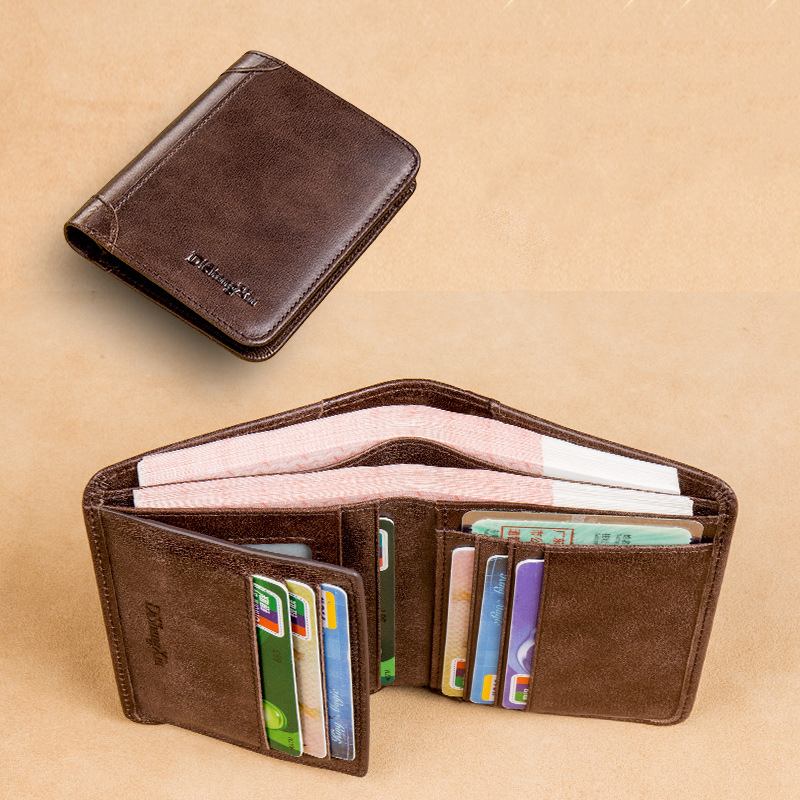 Män Blockerar Säker Plånbok Mode Vintage Plånböcker Äkta Läder Tri-fold Plånbok Kort Plånbok