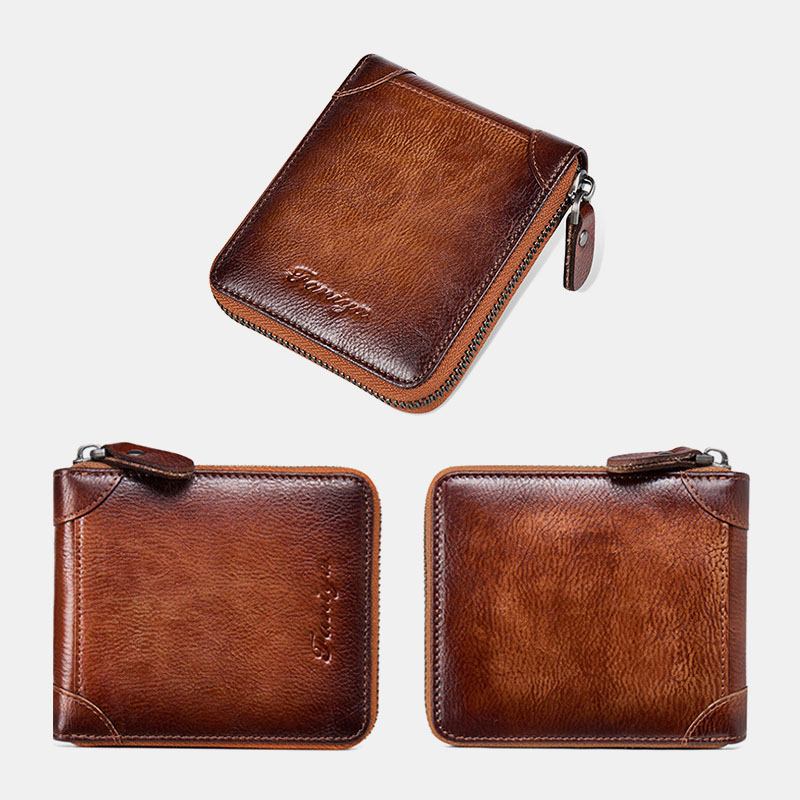 Män Första Lager Kohud Anti-magnetisk Dragkedja Plånbok Kort Bifold 7-kortsfack Kortfodral Körkortsplånbok