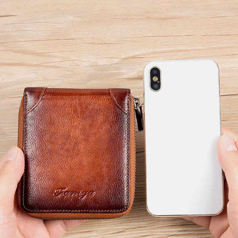 Män Första Lager Kohud Anti-magnetisk Dragkedja Plånbok Kort Bifold 7-kortsfack Kortfodral Körkortsplånbok