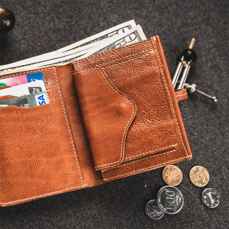 Män Första Lager Kohud Flerkortsfack Kortfodral Retro Bifold Kort Mjukt Läder Myntplånbok
