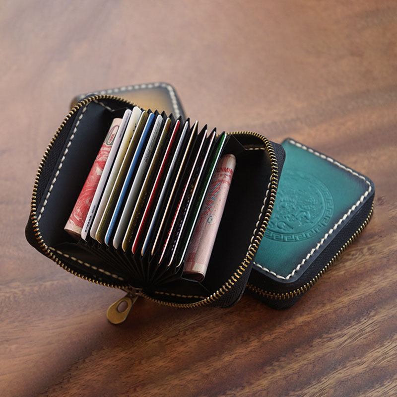Män Gradient Första Lager Kohud Dragkedja Plånböcker Anti-magnetisk Multi-card Slot Korthållare Myntväska