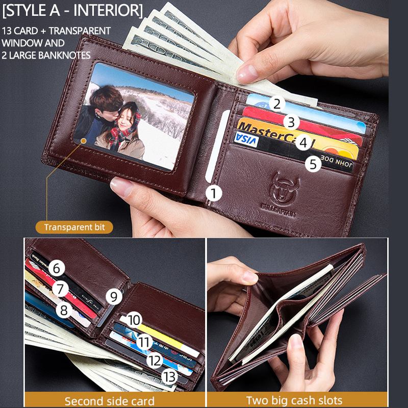 Män Horisontella Vertikala Plånböcker Bifaldiga Stöldskyddsborste Multi-card Korthållare Pengar Clip Kohuds Plånböcker