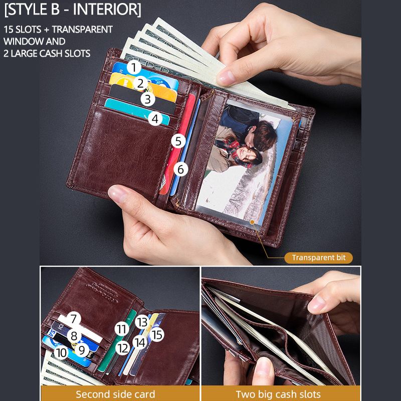 Män Horisontella Vertikala Plånböcker Bifaldiga Stöldskyddsborste Multi-card Korthållare Pengar Clip Kohuds Plånböcker