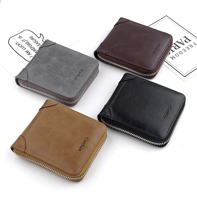 Män Konstläder Tri-fold Retro Zipper Multi-card Slots Vägg