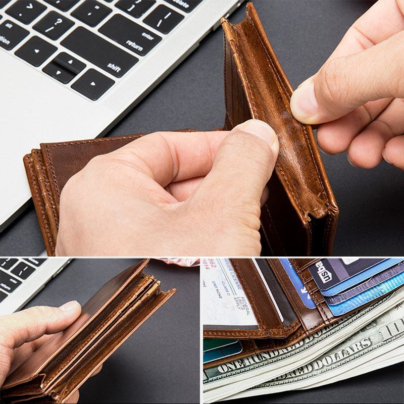 Män Oljevax Läder Kort Bifold Anti-magnetiska Plånböcker 16 Kort Fack Tjocka Körkort Korthållare Myntväska