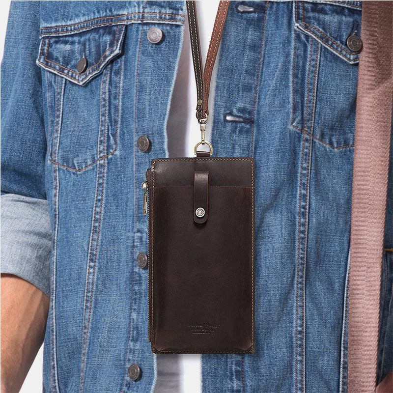 Unisex Äkta Läder Nötskinn Dragkedja Retro 6.3 Tums Telefonväska Clutch Plånbok