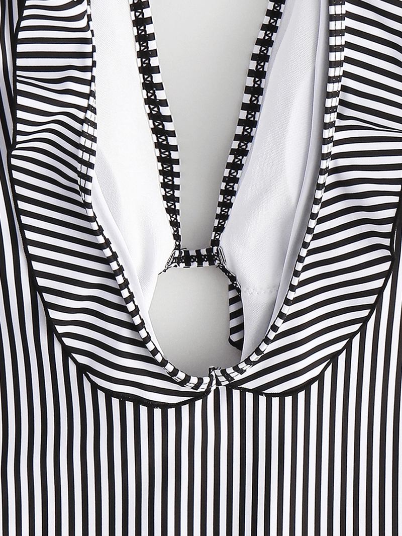 Avslappnade Randiga One Piece Volanger Trim Plunge Ruffle Badkläder