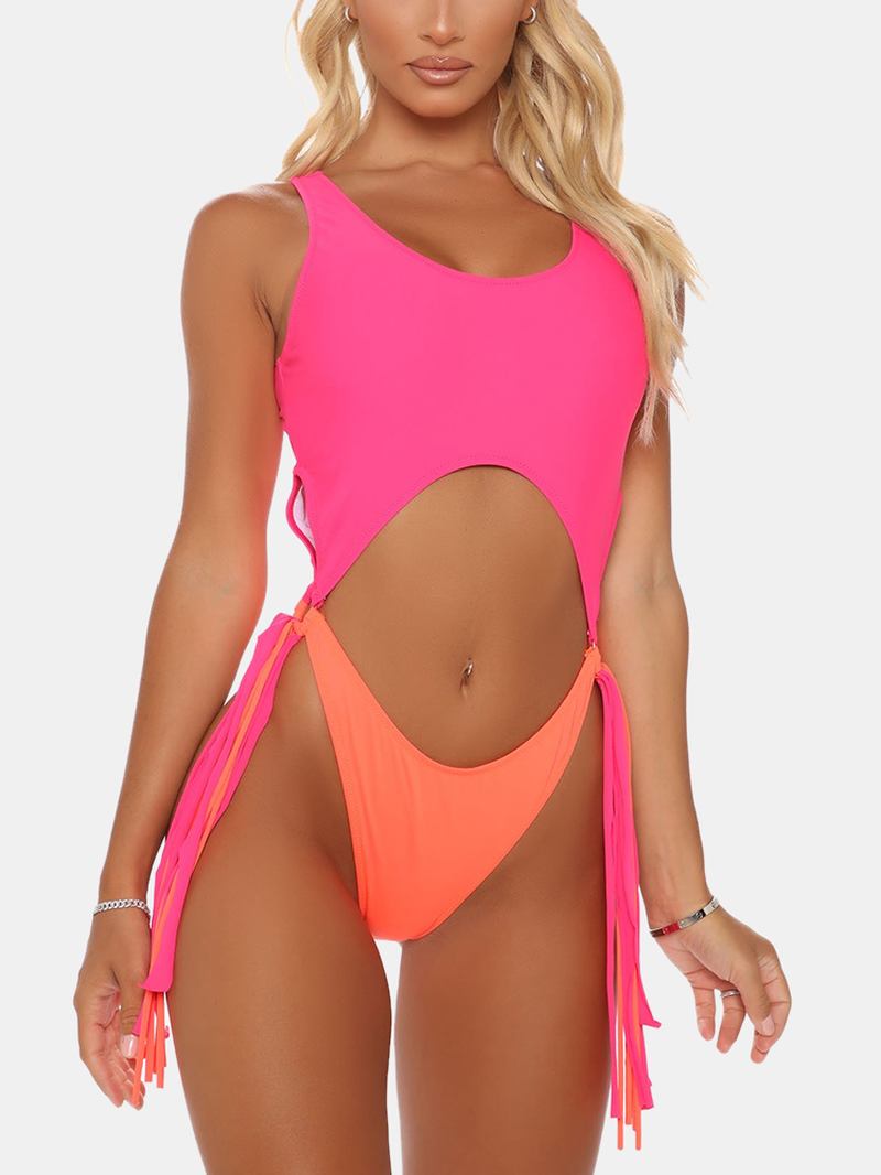 Dam Kontrastfärg Patchwork Tofs Trådlös Låg Midja Beach Badkläder One Piece
