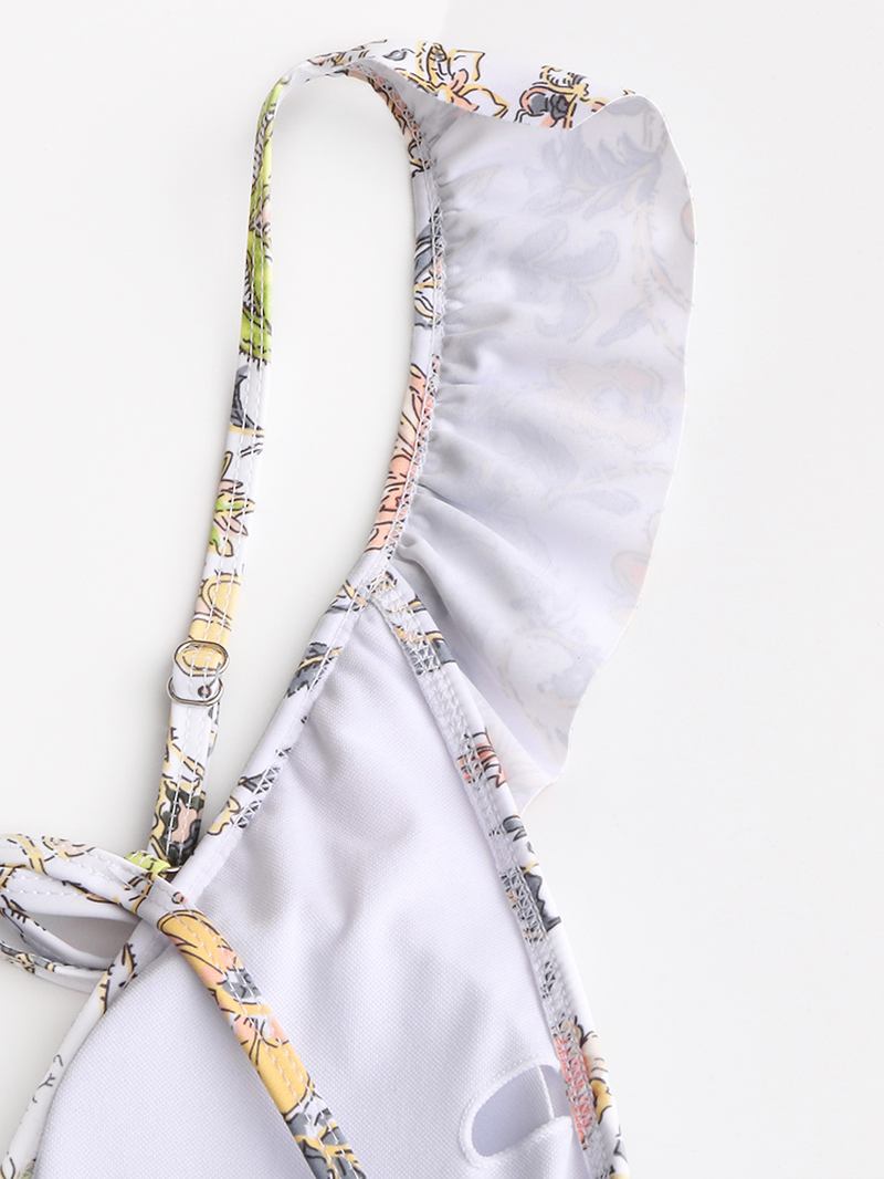 Damdesign Blommönster String Volanger Straps One Piece Backless Badkläder
