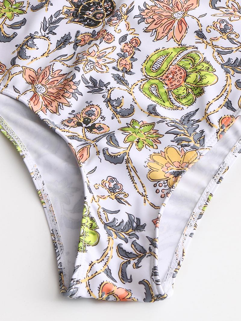 Damdesign Blommönster String Volanger Straps One Piece Backless Badkläder