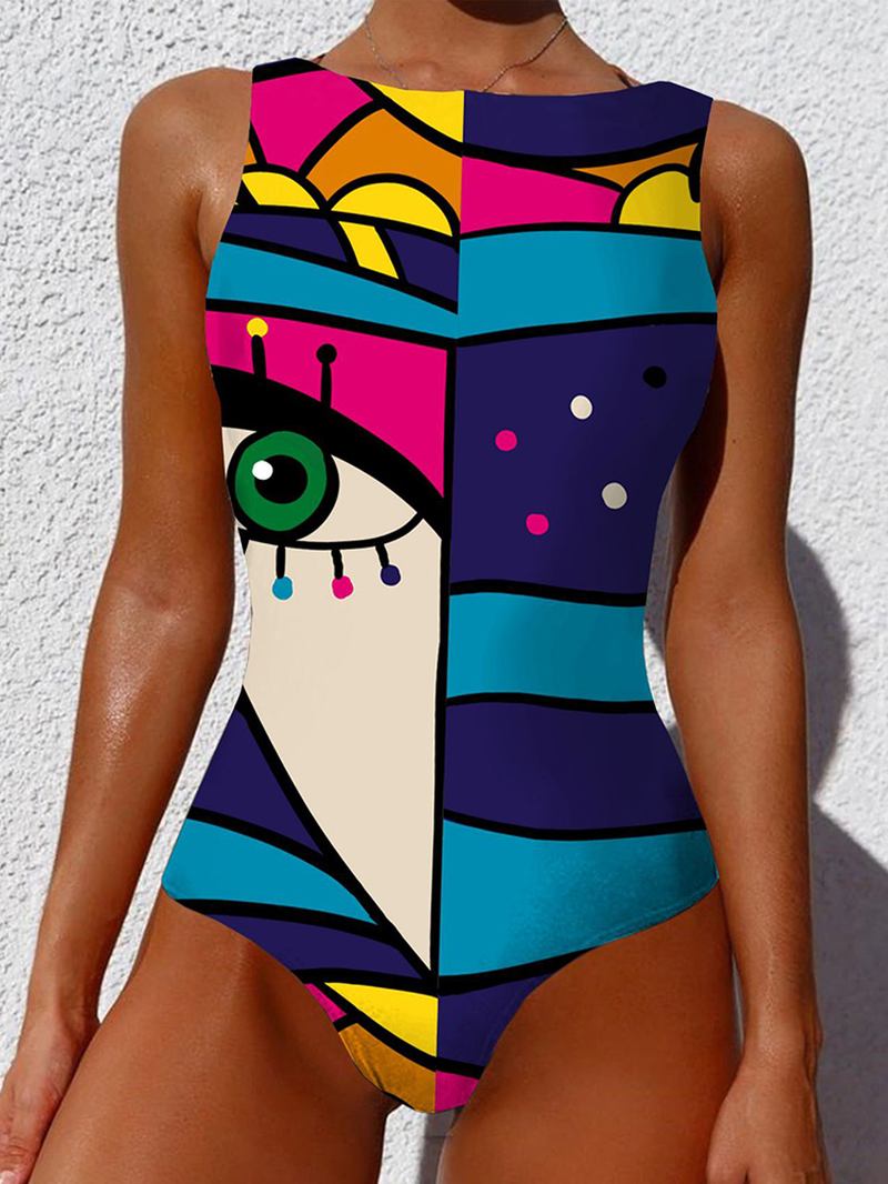 Graffiti Abstrakt Med Tryck Patchwork Hög Halsad Ärmlös Slimming Baddräkt Kvinnor Bikini