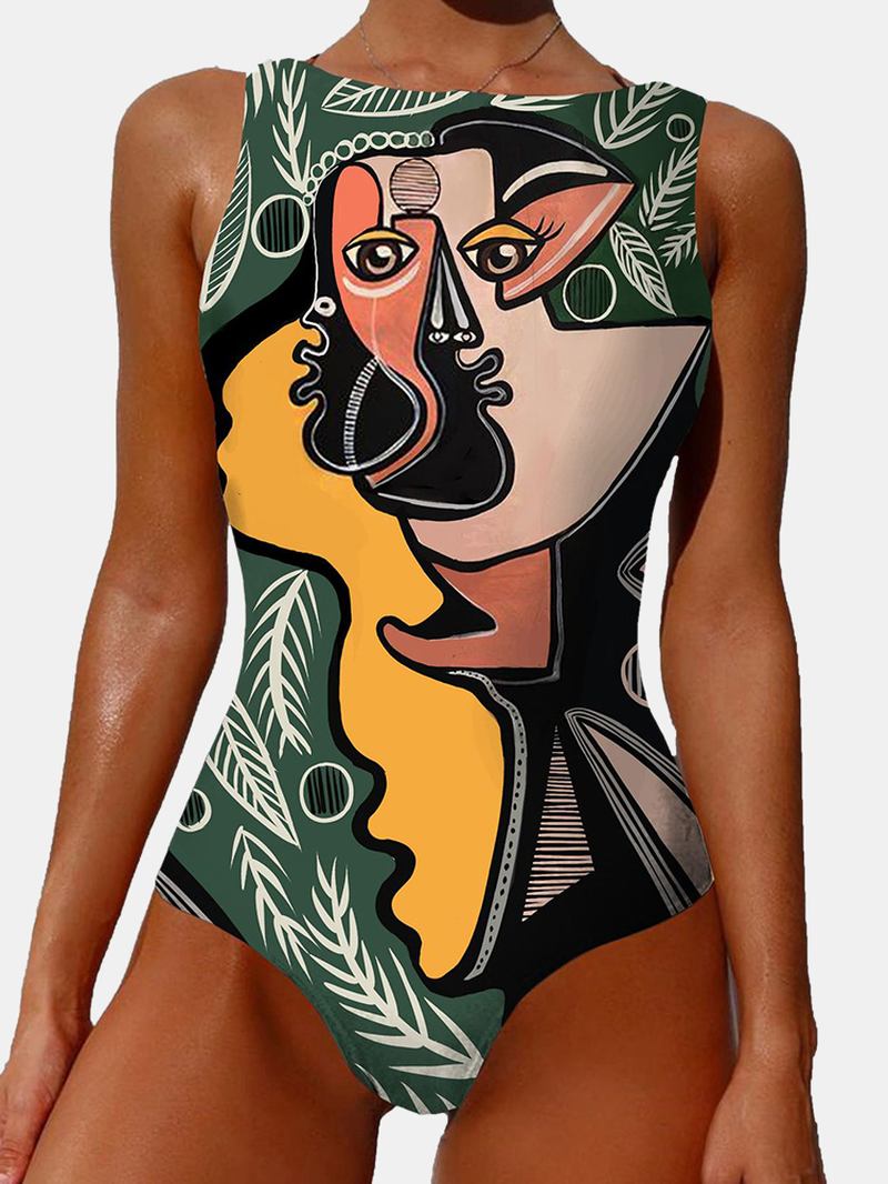 Graffiti Abstrakt Med Tryck Patchwork Hög Halsad Ärmlös Slimming Baddräkt Kvinnor Bikini