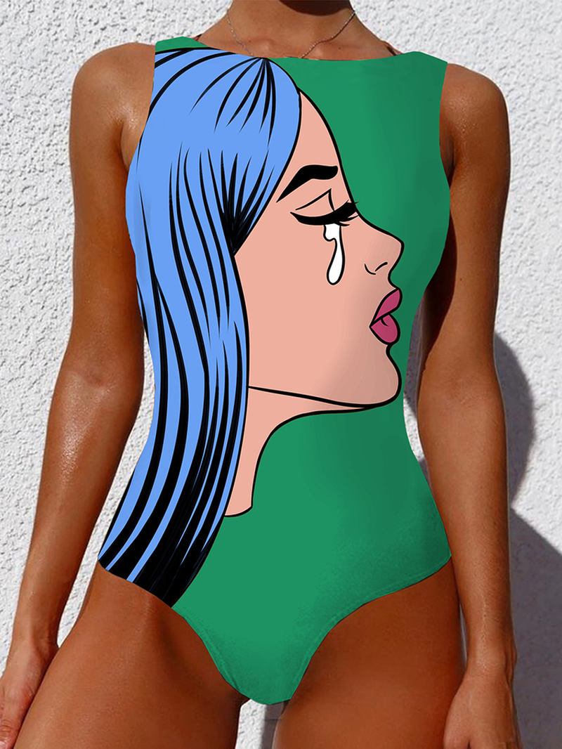 Graffiti Abstrakt Med Tryck Patchwork Hög Halsad Ärmlös Slimming Baddräkt Kvinnor Bikini