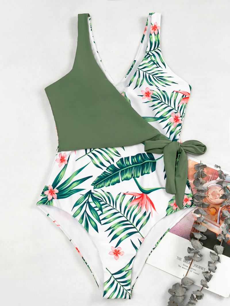 Kontrast Lövtryck Snörning Breda Remmar Grön One Piece Summer Hawaii Baddräkt