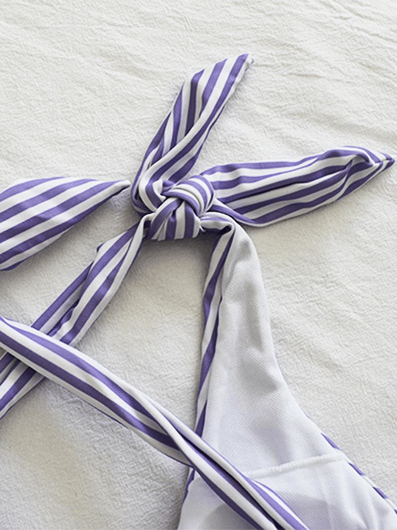 Kvinnor Pinstripe Criss Cross Back Söt Bow Shoulder One Piece Slimming Baddräkt