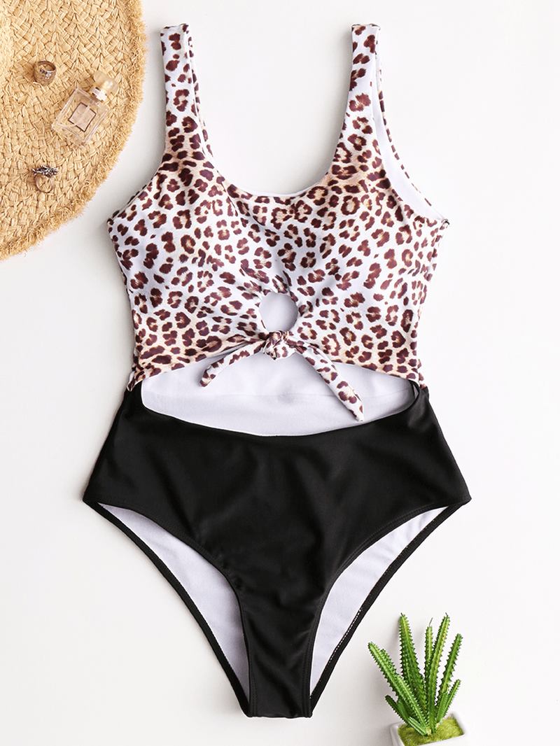 Kvinnor Slips Front Cut Out Badkläder Leopard Patchwork One Piece
