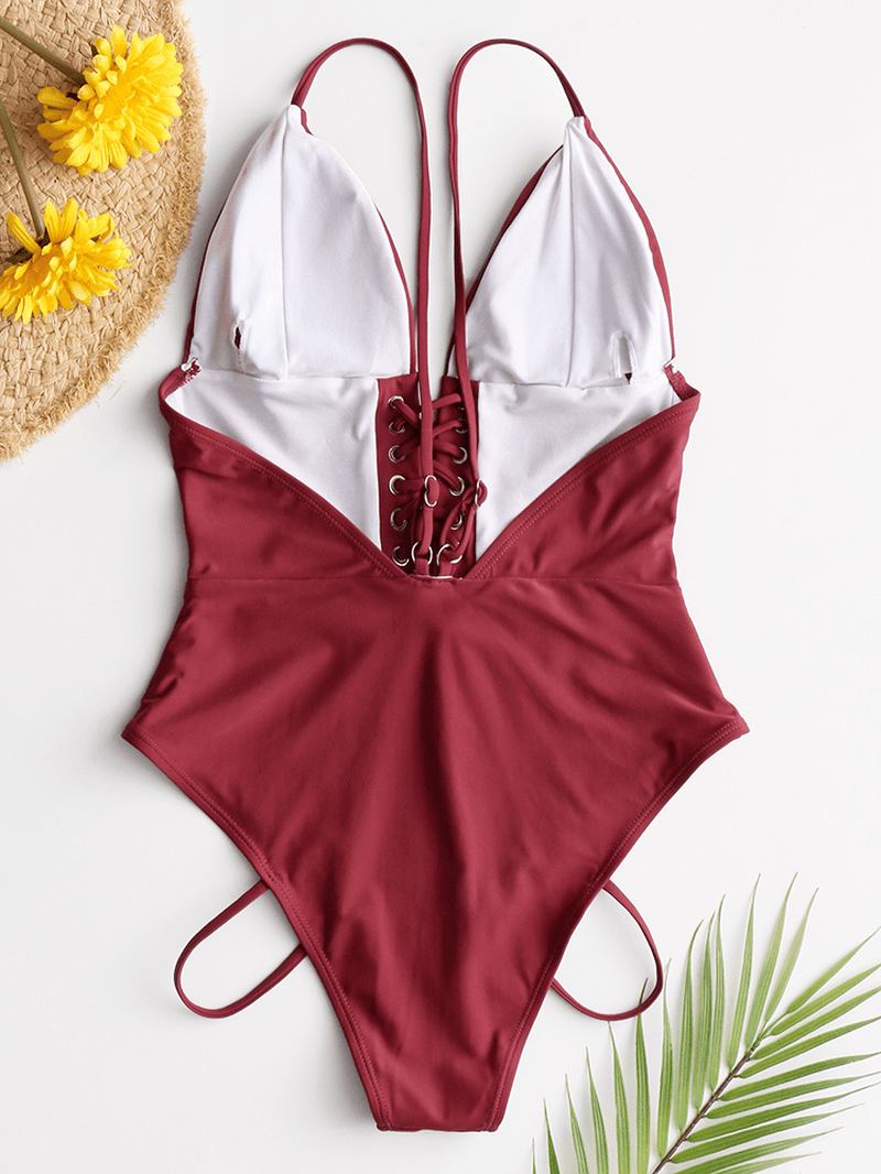 Kvinnor Triangelbandage Enfärgad Hög Gaffel One Piece Hawaii Beach Badkläder