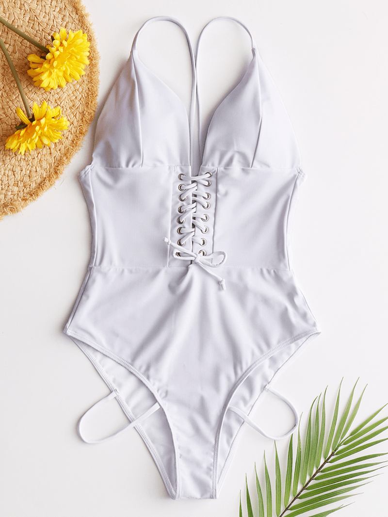 Kvinnor Triangelbandage Enfärgad Hög Gaffel One Piece Hawaii Beach Badkläder