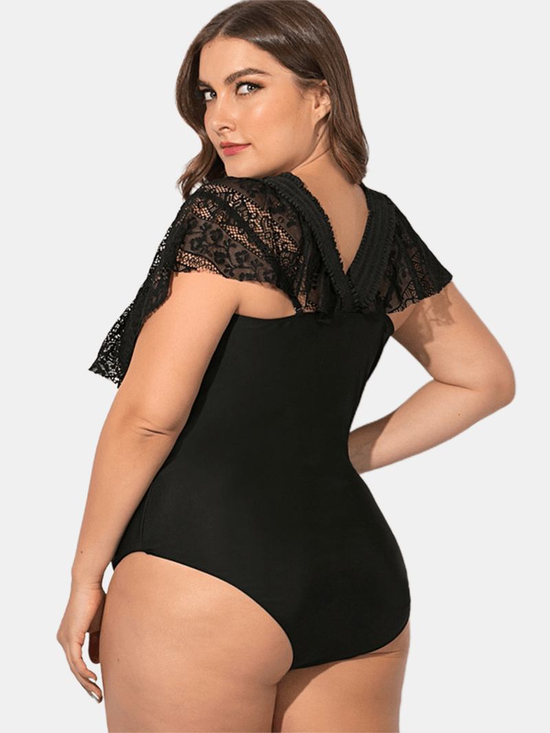 Svart Plus Size Spets Sling Deep Necklines Badkläder